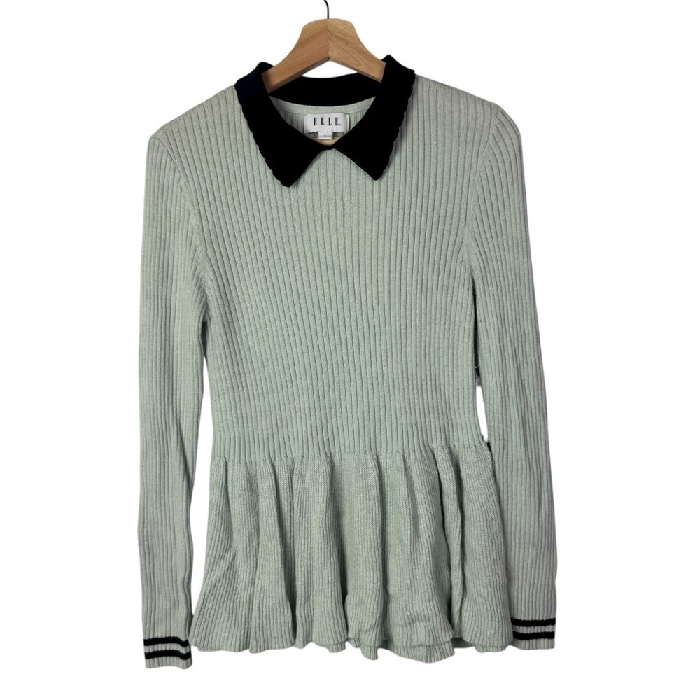 Elle Mint Green Ribbed Black Collar Peplum Long‎ Sleeve Knit Top S